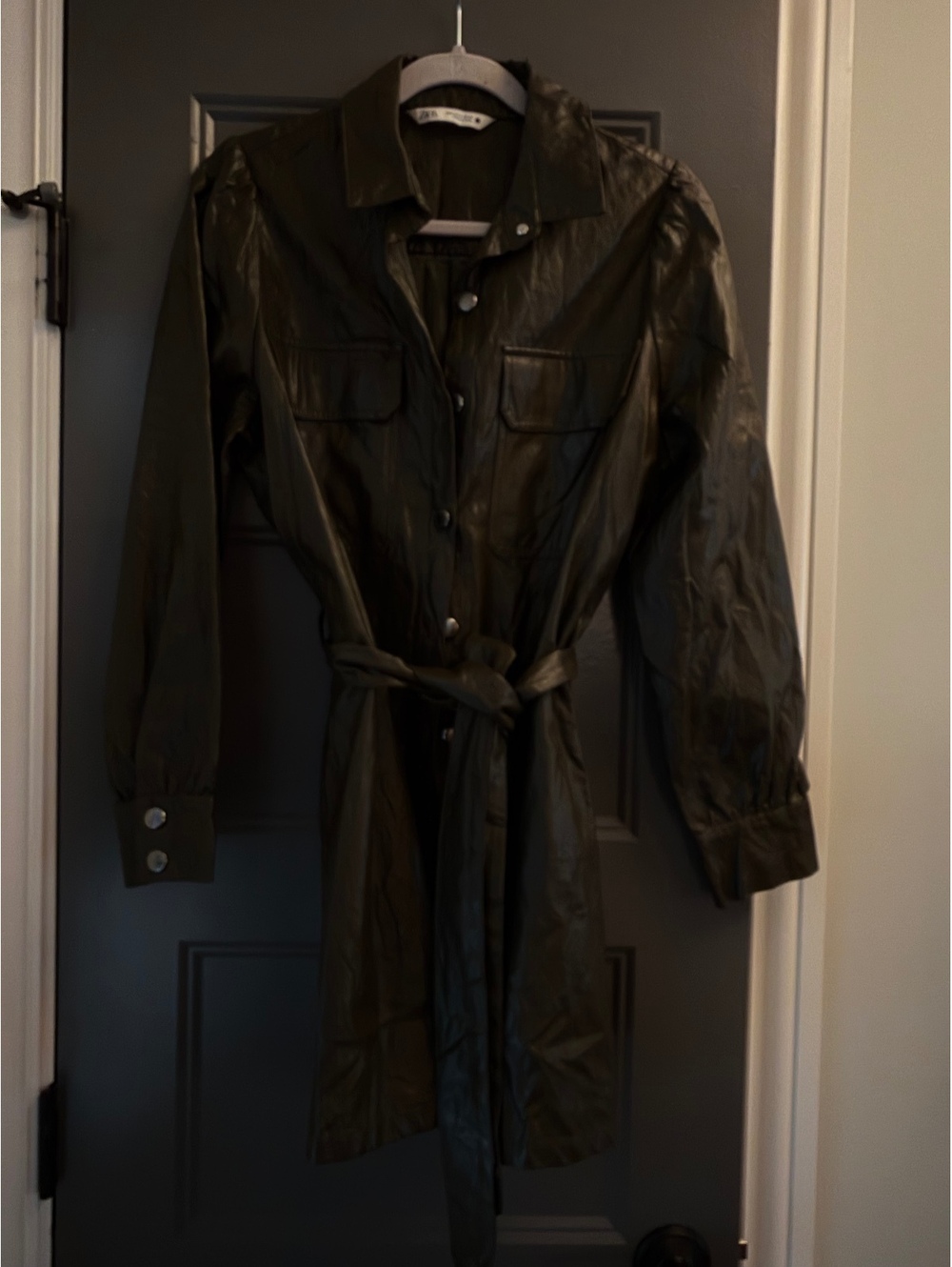 Zara Women's Olive Green Faux Leather Belted Jacket Size S